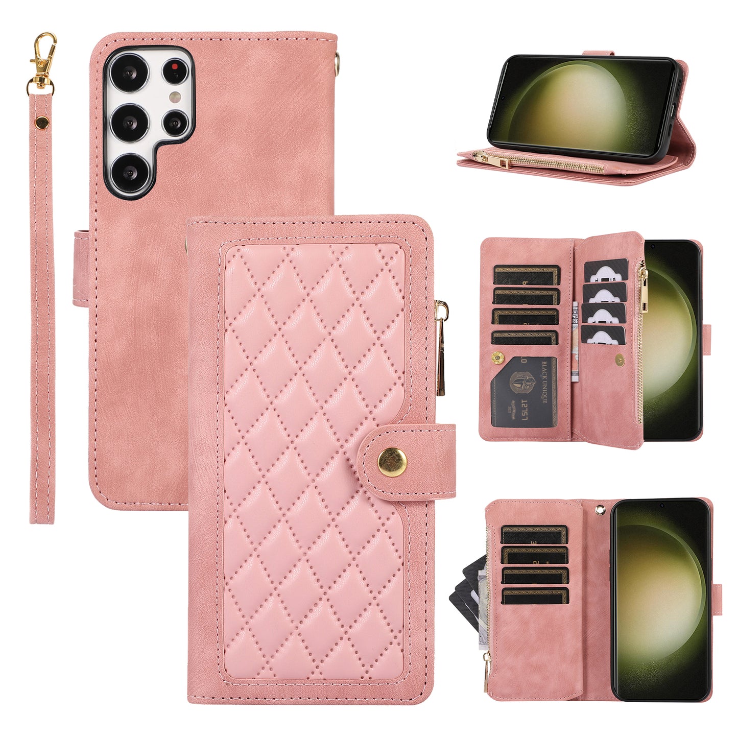 For Samsung Galaxy S24 Ultra Phone Case Rhombus Wallet Purse Handbag Leather Cover - Rose Gold