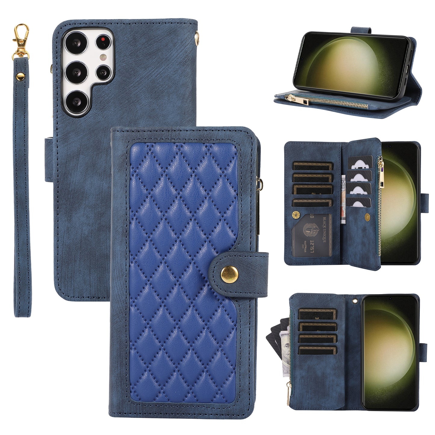 For Samsung Galaxy S24 Ultra Phone Case Rhombus Wallet Purse Handbag Leather Cover - Blue