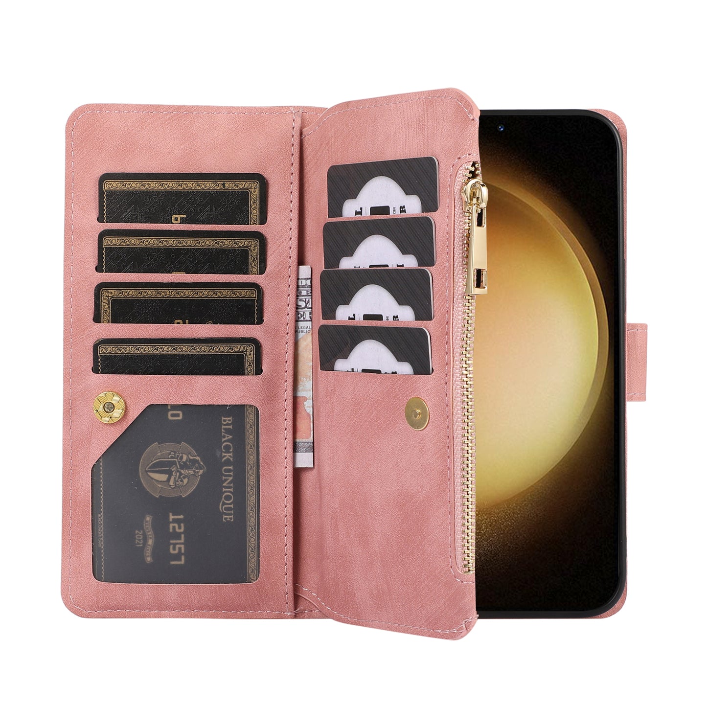 For Samsung Galaxy S24+ Wallet Case PU Leather Card Slot Cash Pocket Stand Phone Cover - Rose Gold