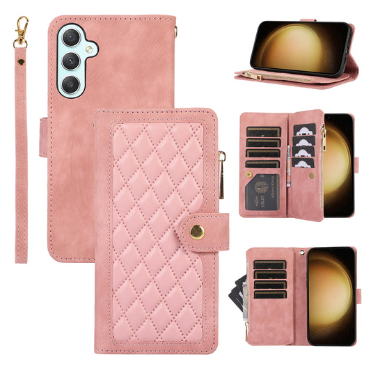 For Samsung Galaxy S24 Rhombus Leather Case Stand Card Slots Phone Cover - Rose Gold
