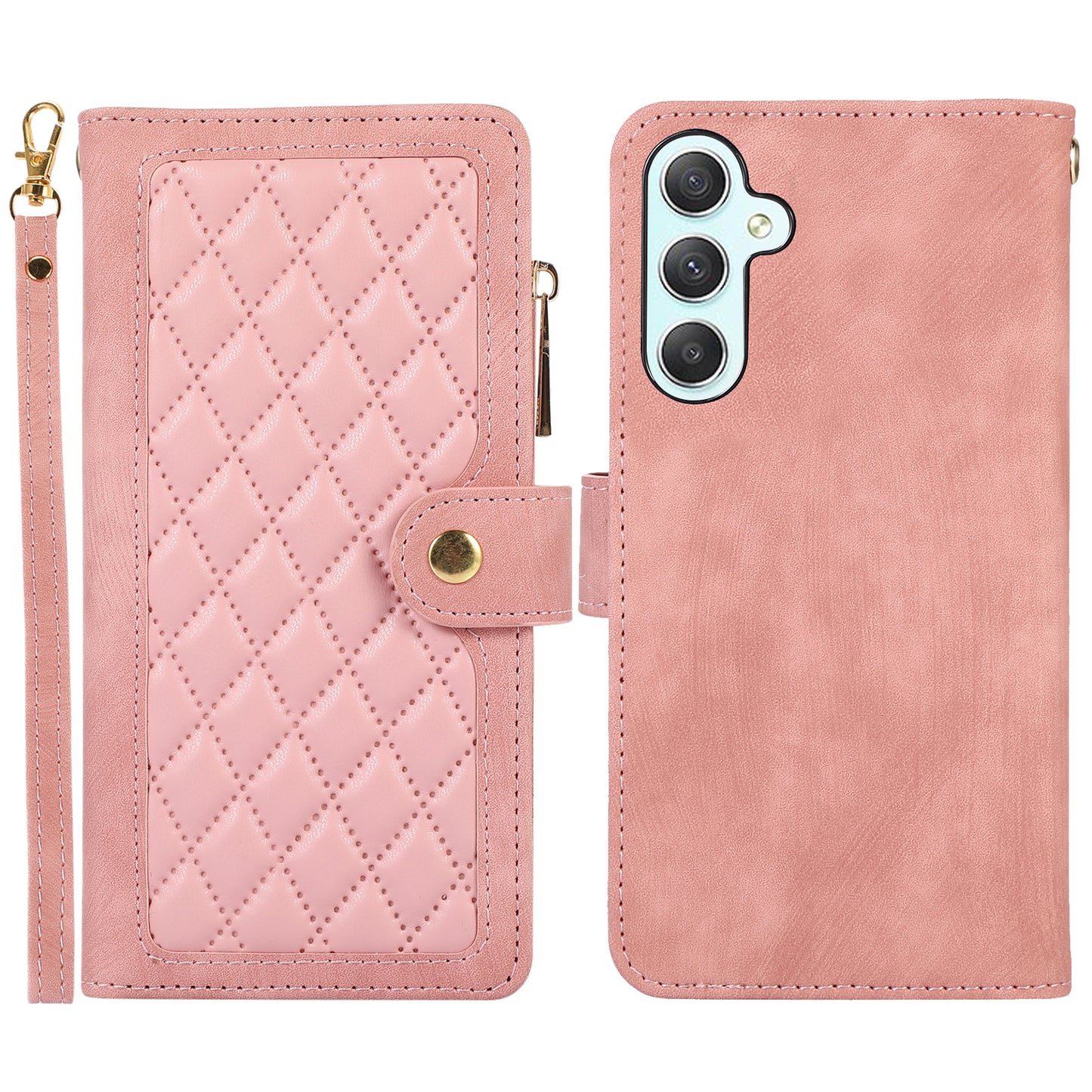 For Samsung Galaxy S24 Rhombus Leather Case Stand Card Slots Phone Cover - Rose Gold