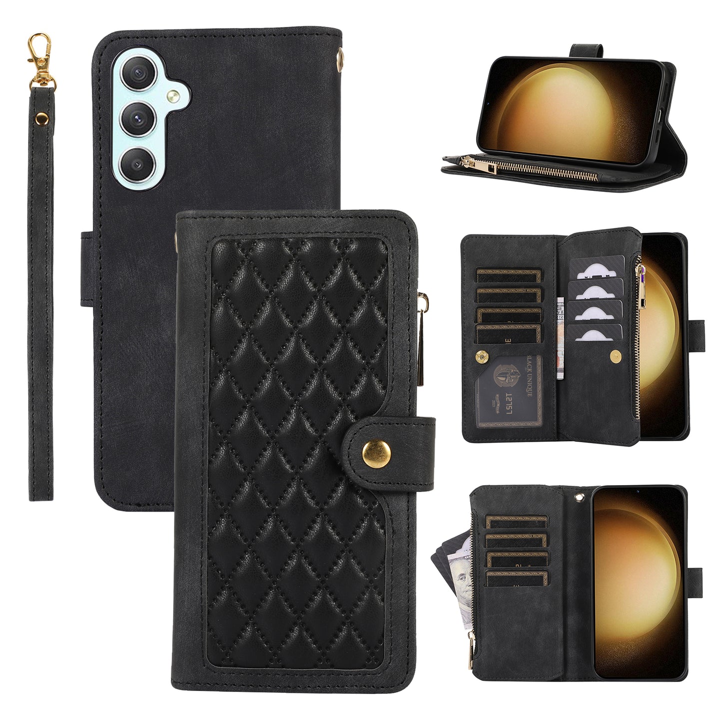 For Samsung Galaxy S24 Rhombus Leather Case Stand Card Slots Phone Cover - Black