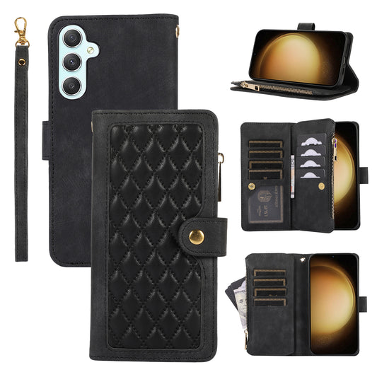 For Samsung Galaxy S24 Rhombus Leather Case Stand Card Slots Phone Cover - Black