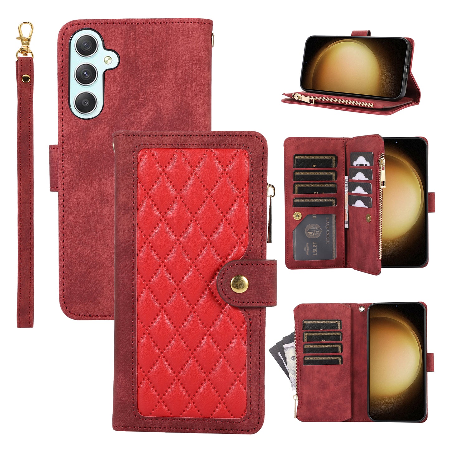 For Samsung Galaxy S24 Rhombus Leather Case Stand Card Slots Phone Cover - Red