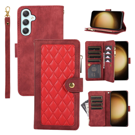 For Samsung Galaxy S24 Rhombus Leather Case Stand Card Slots Phone Cover - Red