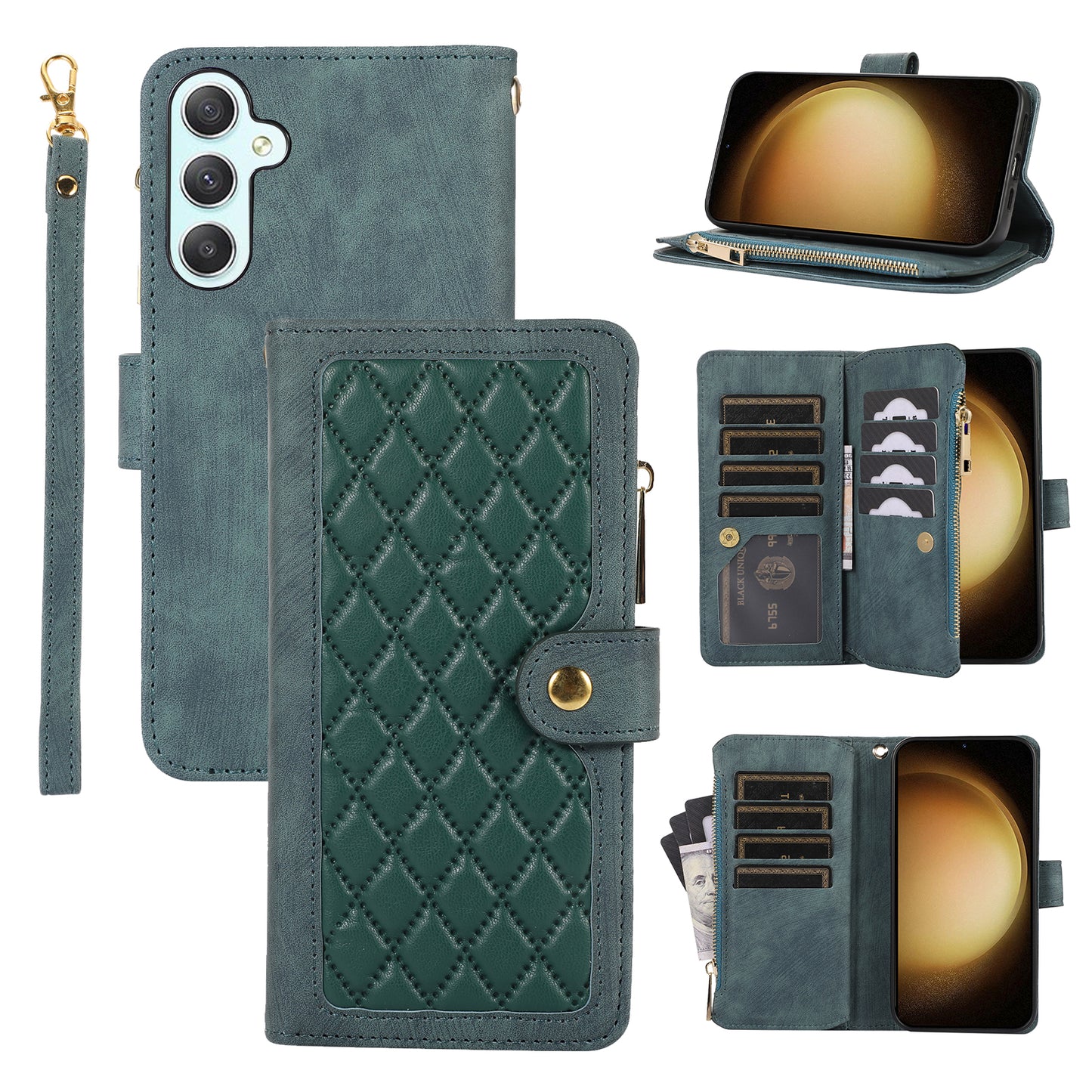 For Samsung Galaxy S24 Rhombus Leather Case Stand Card Slots Phone Cover - Green