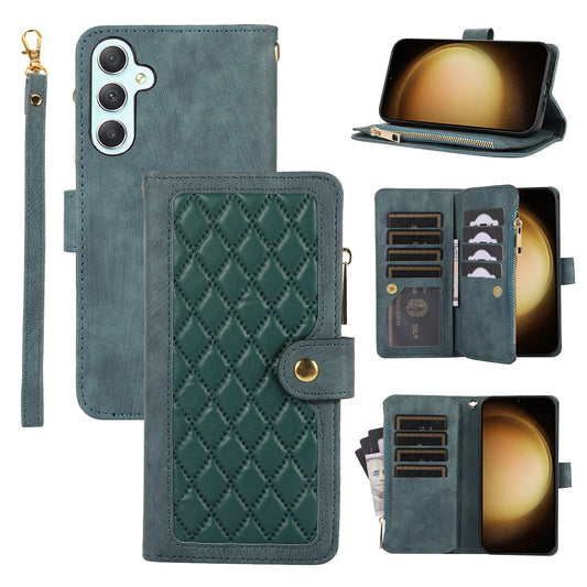 For Samsung Galaxy S24 Rhombus Leather Case Stand Card Slots Phone Cover - Green