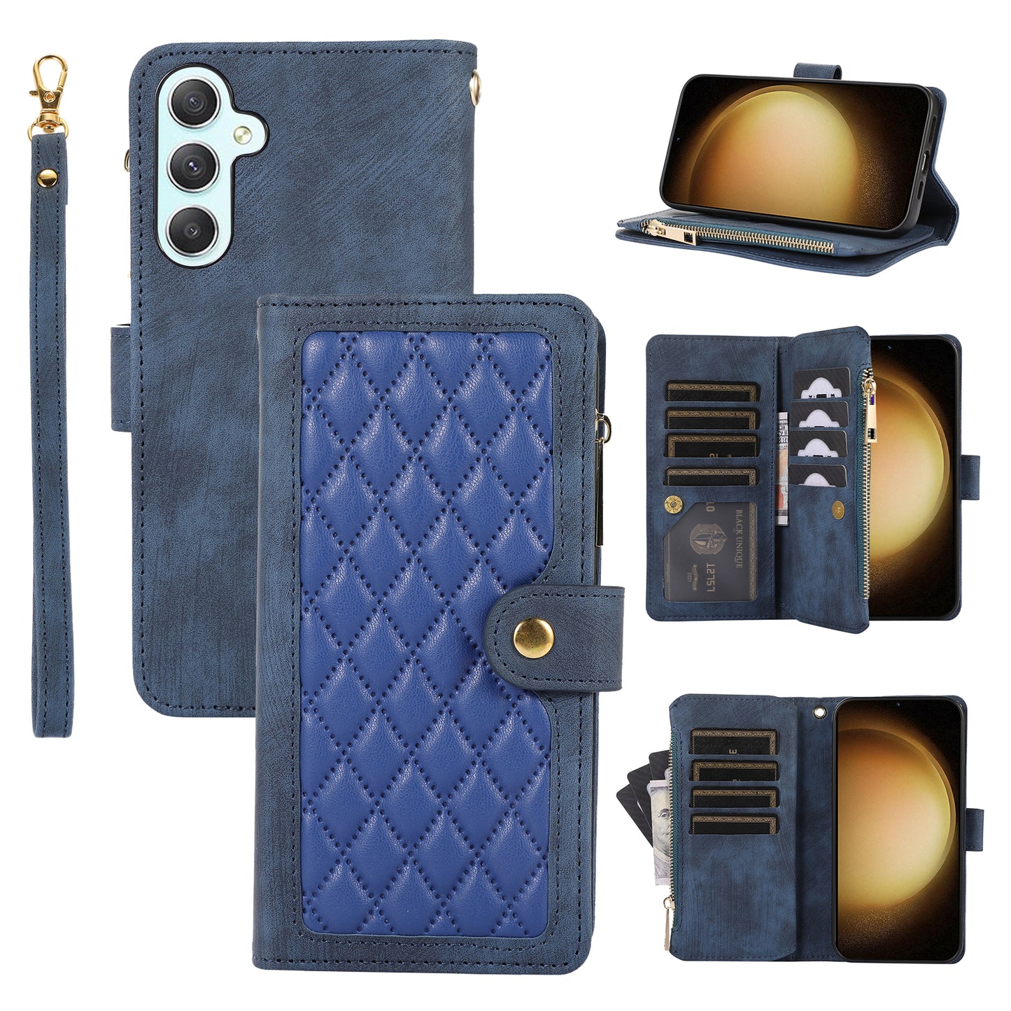 For Samsung Galaxy S24 Rhombus Leather Case Stand Card Slots Phone Cover - Blue