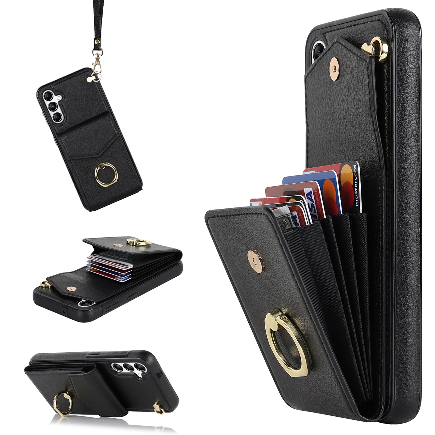 For Samsung Galaxy S24 Cover Accordion Card Bag PU Leather+TPU Anti-drop Cell Phone Case with Strap - Black
