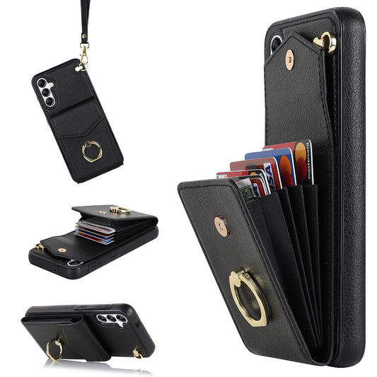 For Samsung Galaxy S24 Cover Accordion Card Bag PU Leather+TPU Anti-drop Cell Phone Case with Strap - Black
