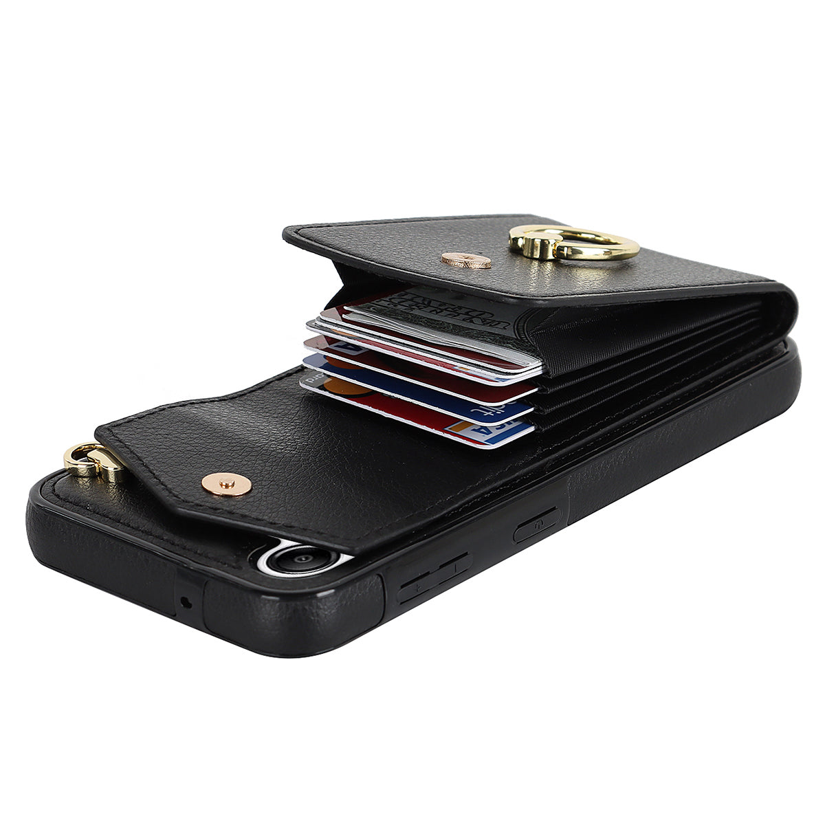For Samsung Galaxy S24 Cover Accordion Card Bag PU Leather+TPU Anti-drop Cell Phone Case with Strap - Black