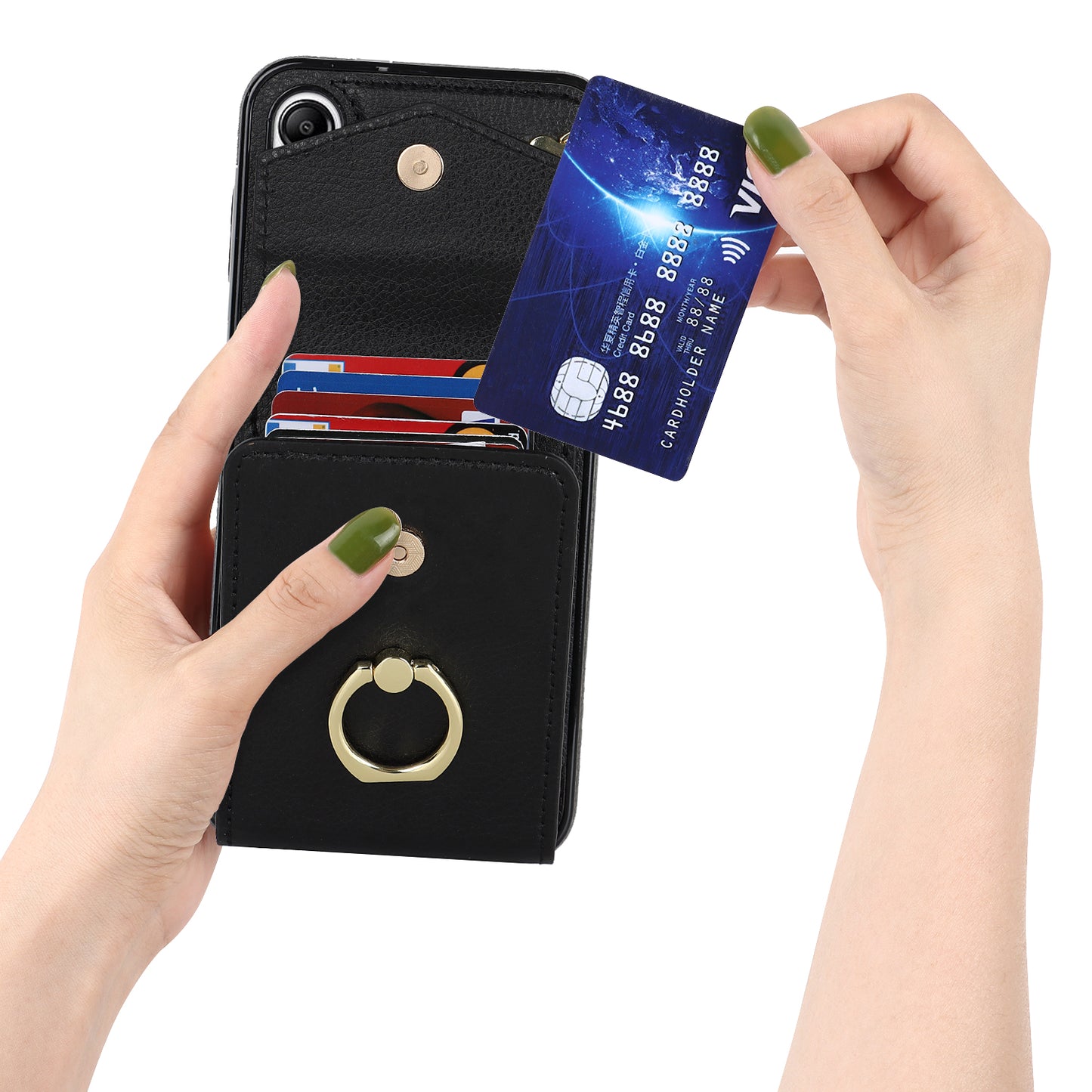 For Samsung Galaxy S24 Cover Accordion Card Bag PU Leather+TPU Anti-drop Cell Phone Case with Strap - Black