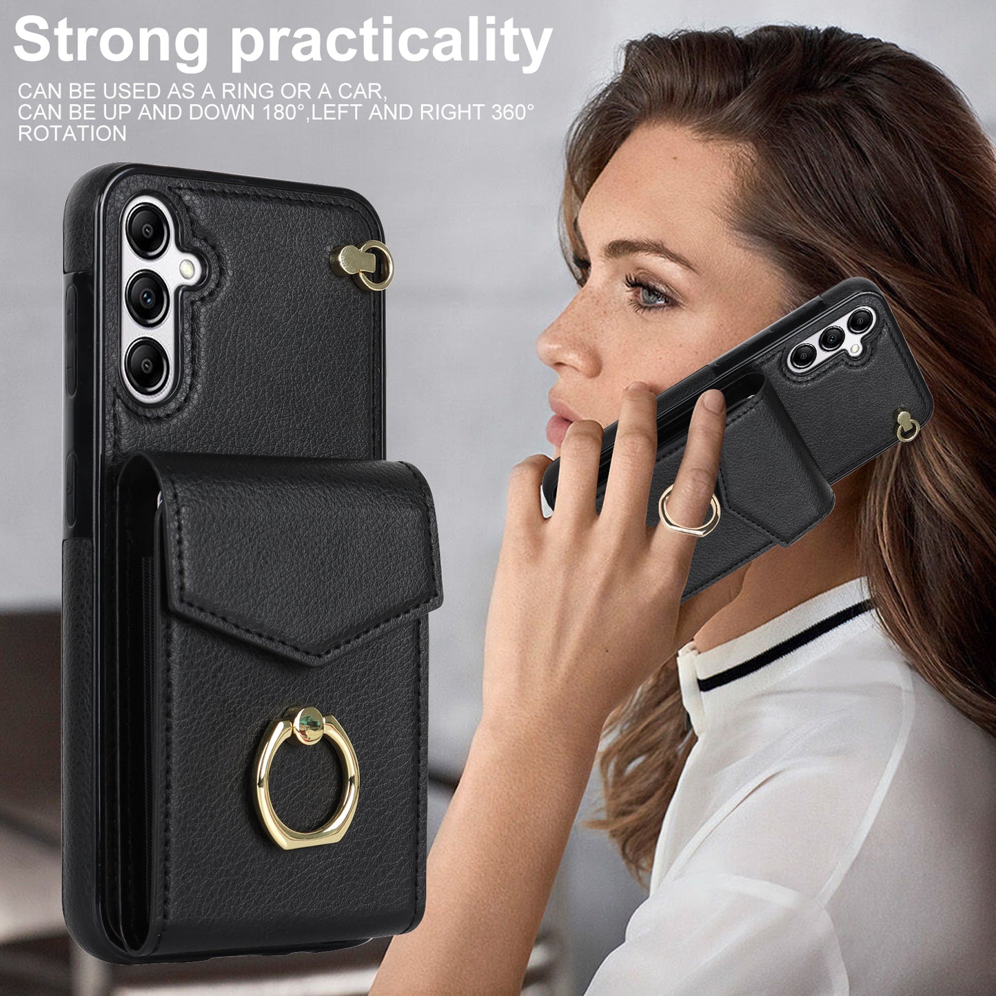 For Samsung Galaxy S24 Cover Accordion Card Bag PU Leather+TPU Anti-drop Cell Phone Case with Strap - Black