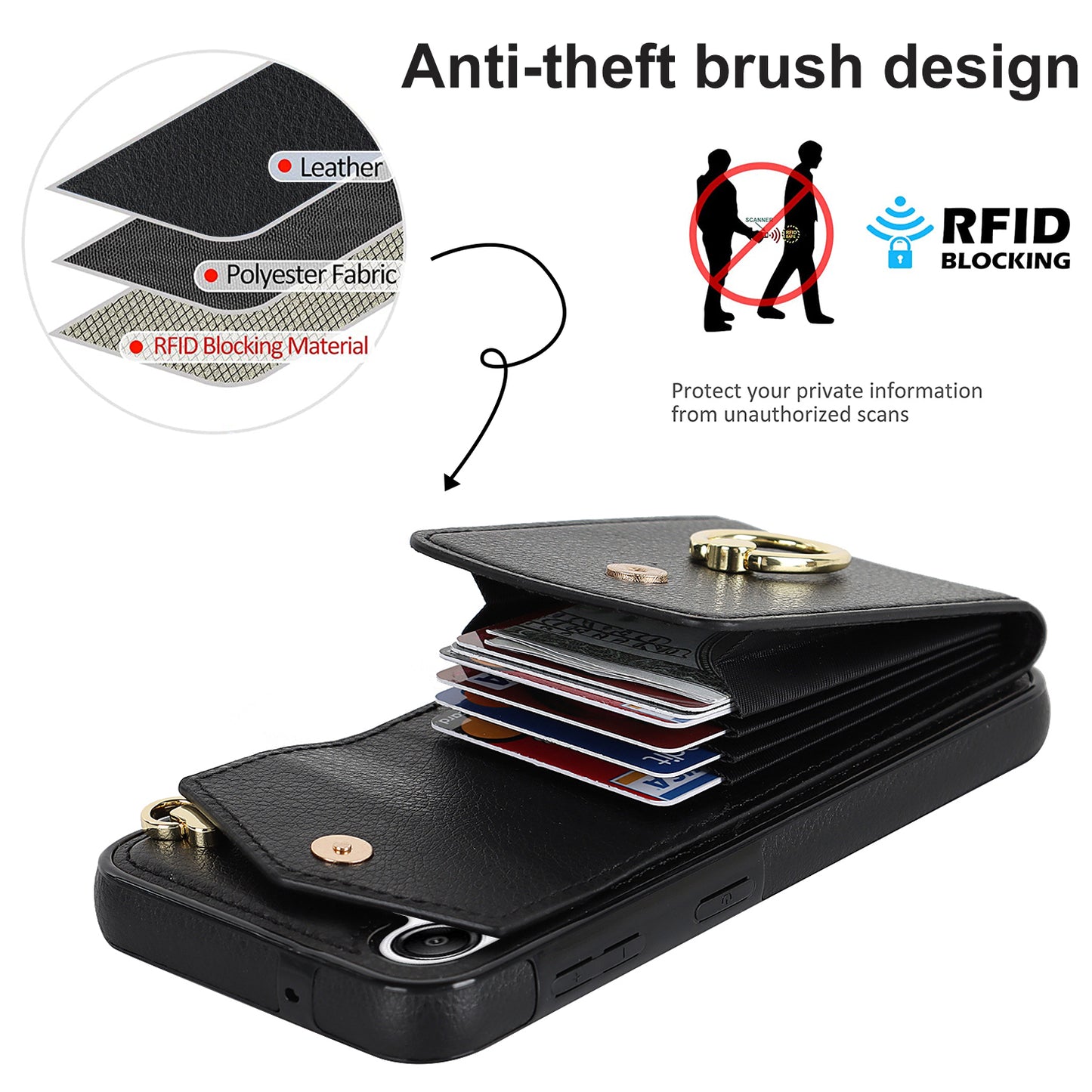 For Samsung Galaxy S24 Cover Accordion Card Bag PU Leather+TPU Anti-drop Cell Phone Case with Strap - Black
