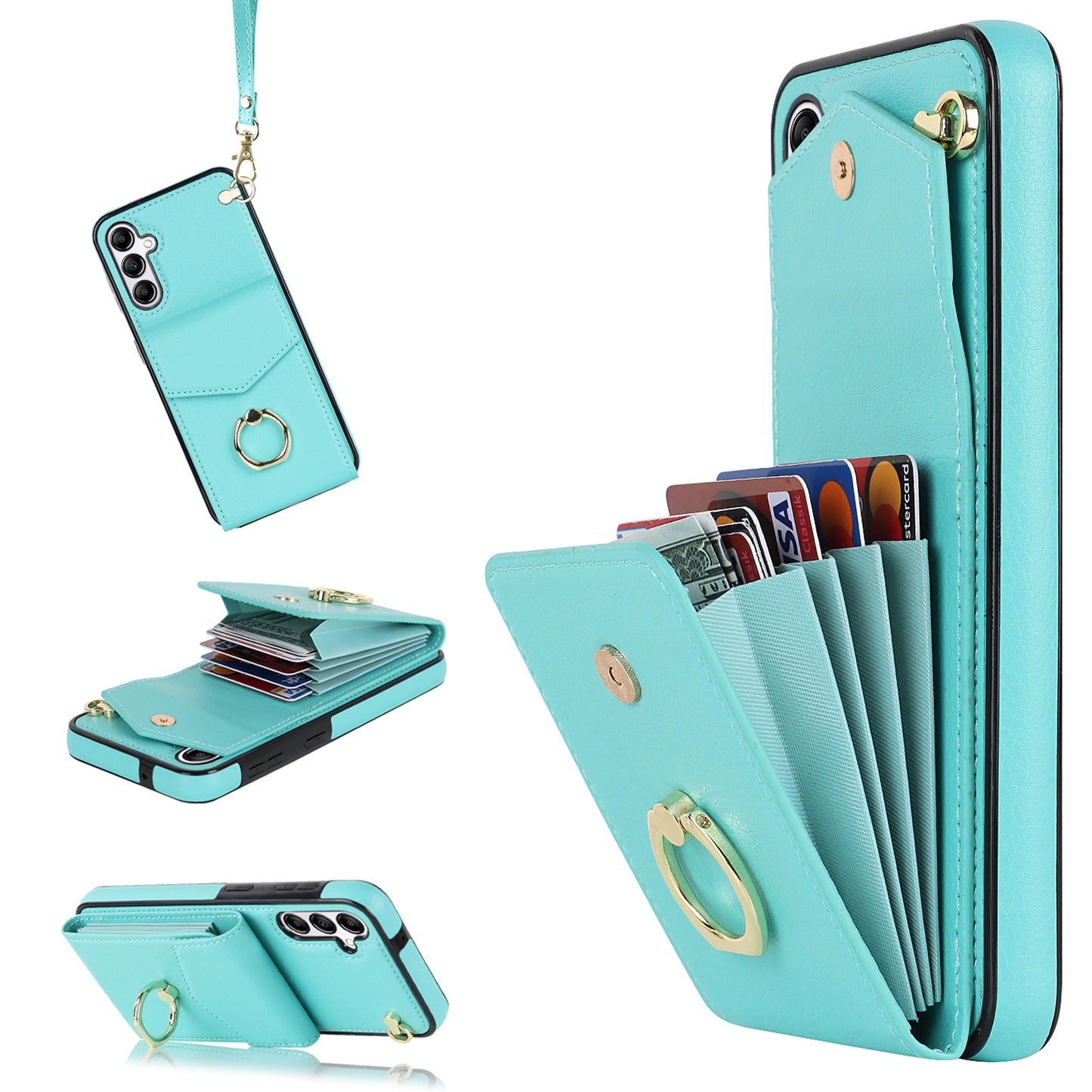 For Samsung Galaxy S24 Cover Accordion Card Bag PU Leather+TPU Anti-drop Cell Phone Case with Strap - Mint Green