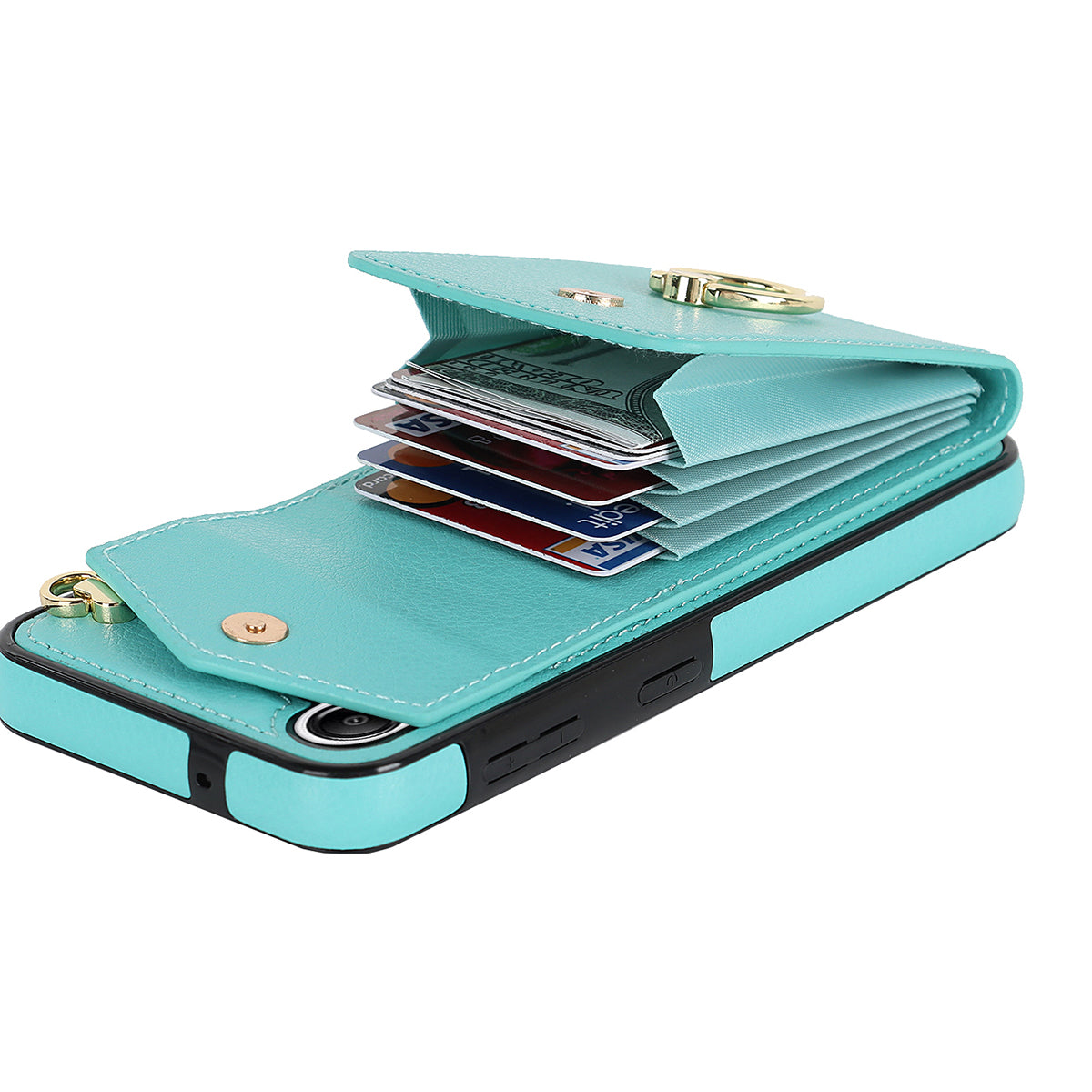 For Samsung Galaxy S24 Cover Accordion Card Bag PU Leather+TPU Anti-drop Cell Phone Case with Strap - Mint Green