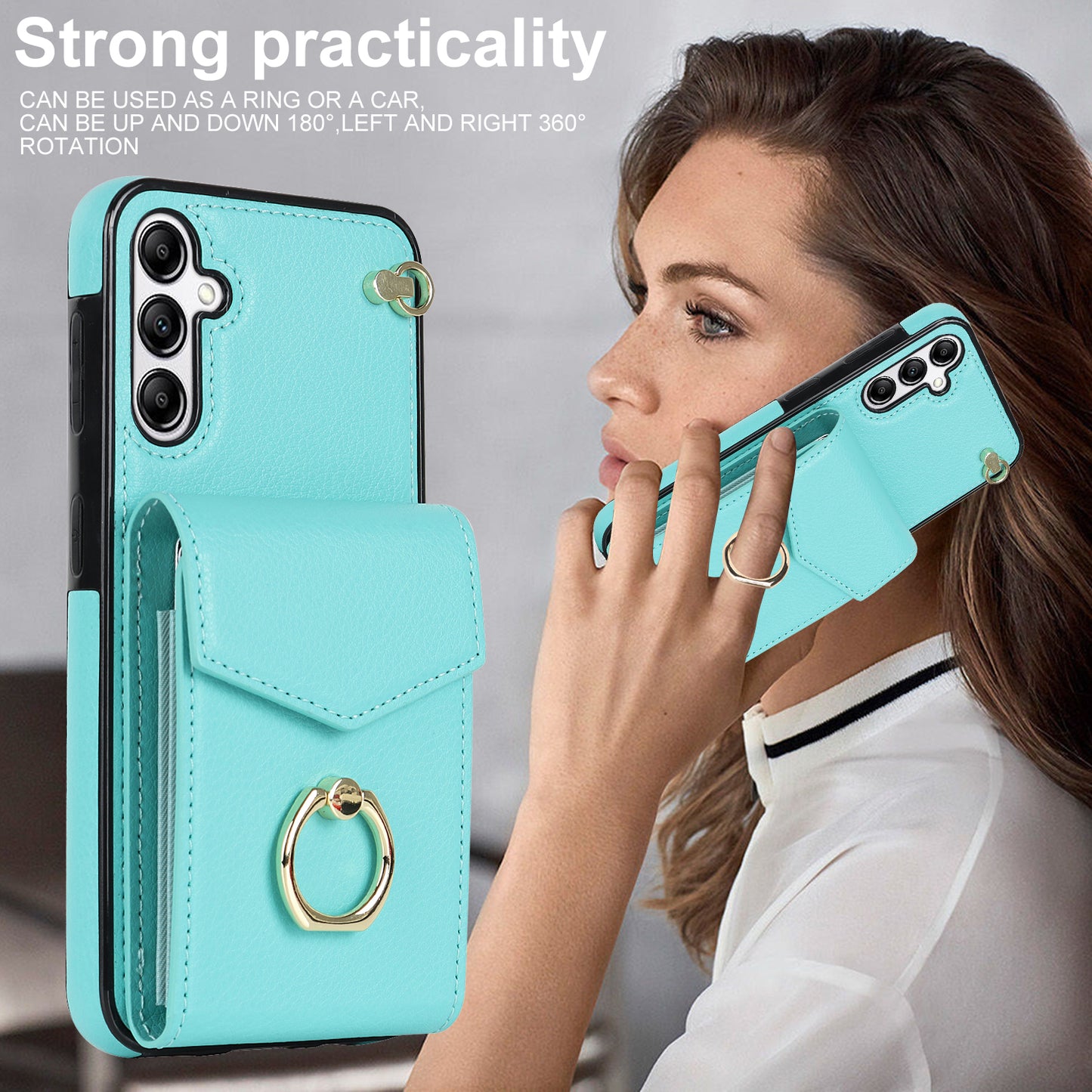 For Samsung Galaxy S24 Cover Accordion Card Bag PU Leather+TPU Anti-drop Cell Phone Case with Strap - Mint Green