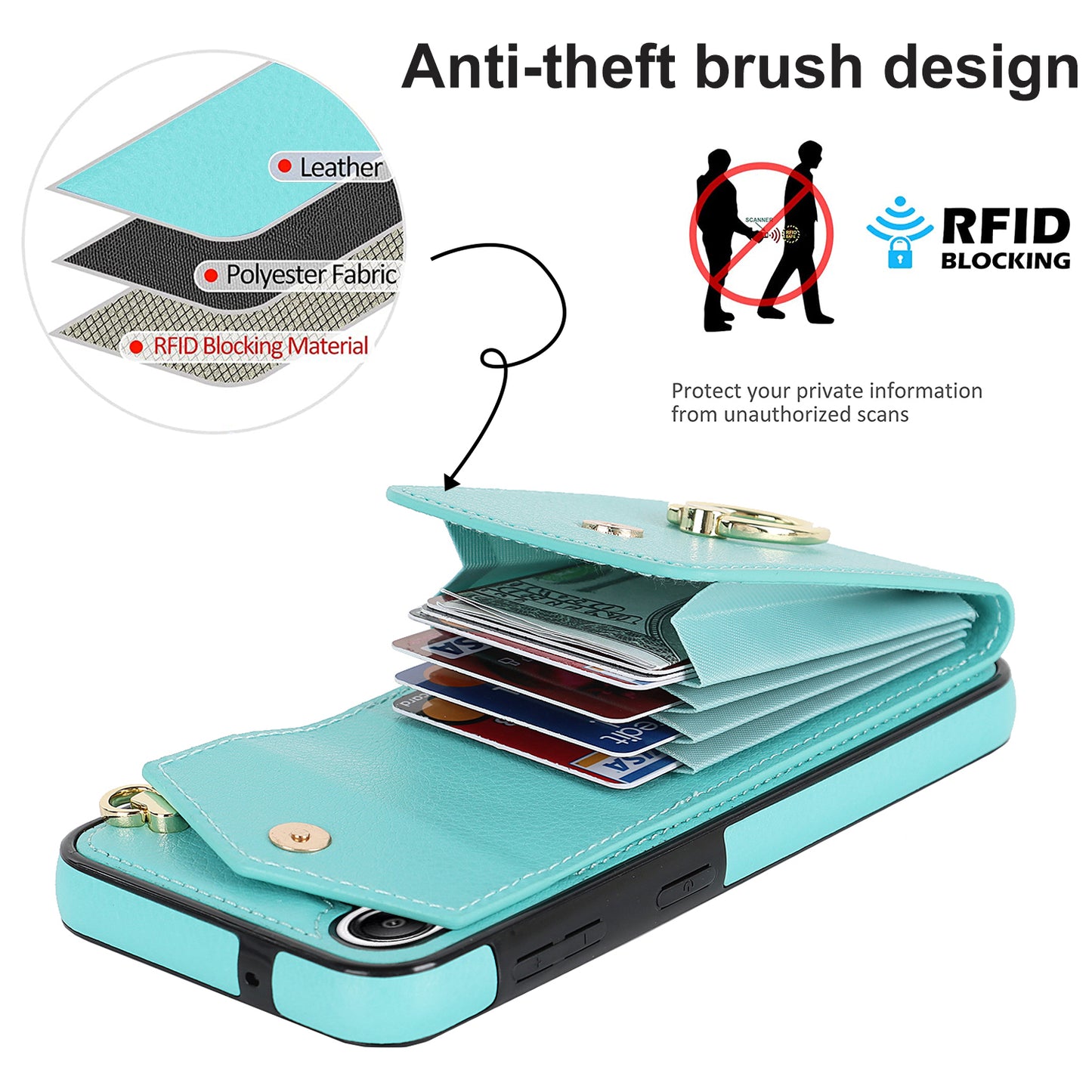For Samsung Galaxy S24 Cover Accordion Card Bag PU Leather+TPU Anti-drop Cell Phone Case with Strap - Mint Green