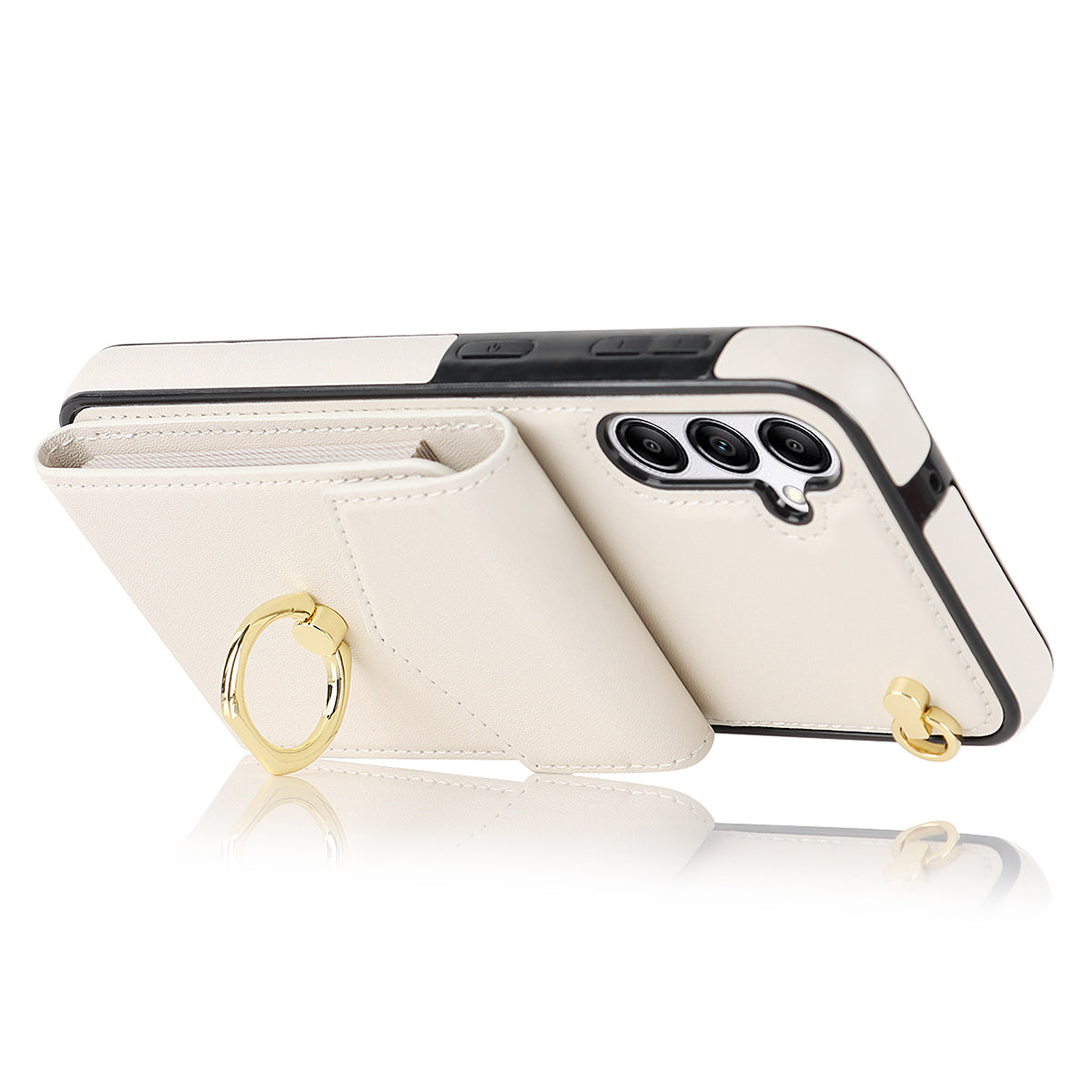 For Samsung Galaxy S24 Cover Accordion Card Bag PU Leather+TPU Anti-drop Cell Phone Case with Strap - Beige