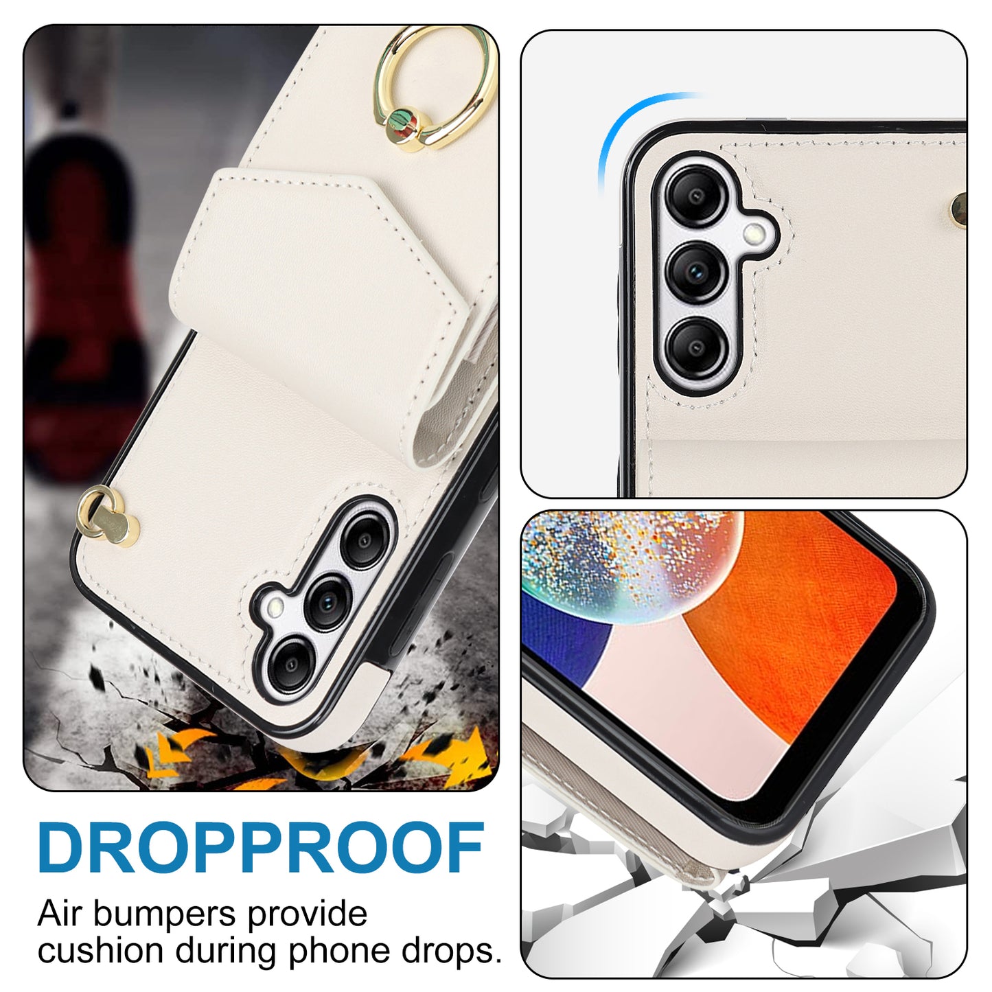 For Samsung Galaxy S24 Cover Accordion Card Bag PU Leather+TPU Anti-drop Cell Phone Case with Strap - Beige