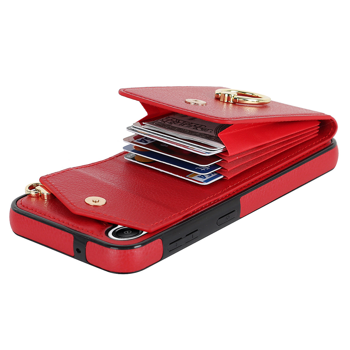 For Samsung Galaxy S24 Cover Accordion Card Bag PU Leather+TPU Anti-drop Cell Phone Case with Strap - Red