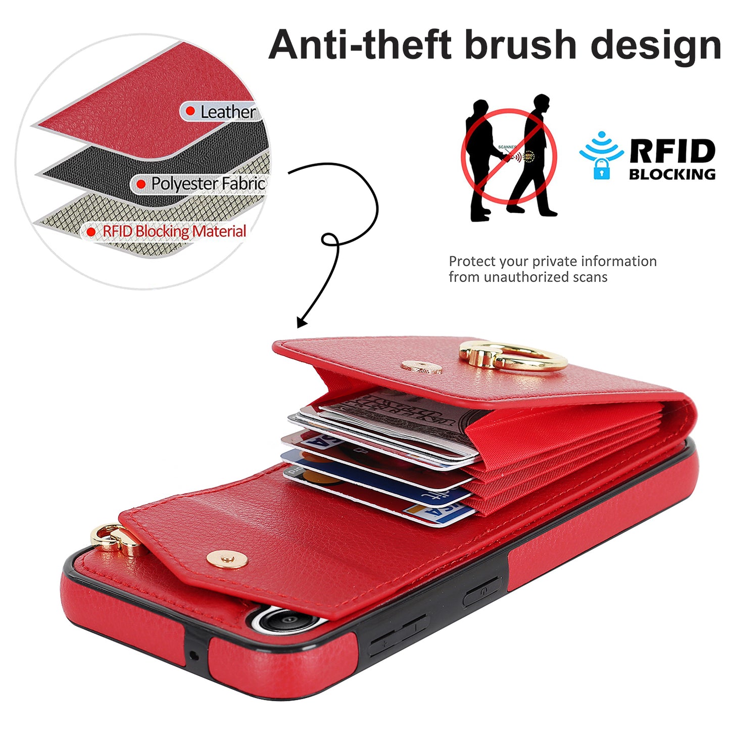 For Samsung Galaxy S24 Cover Accordion Card Bag PU Leather+TPU Anti-drop Cell Phone Case with Strap - Red