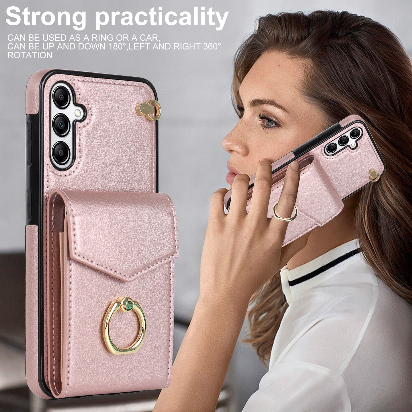 For Samsung Galaxy S24 Cover Accordion Card Bag PU Leather+TPU Anti-drop Cell Phone Case with Strap - Rose Gold
