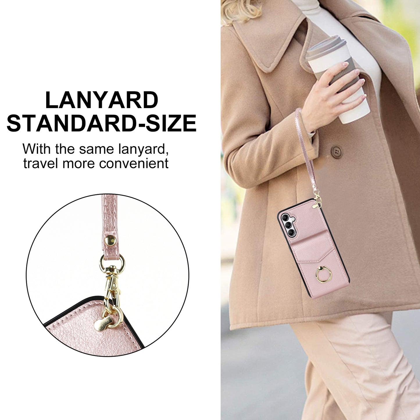 For Samsung Galaxy S24 Cover Accordion Card Bag PU Leather+TPU Anti-drop Cell Phone Case with Strap - Rose Gold