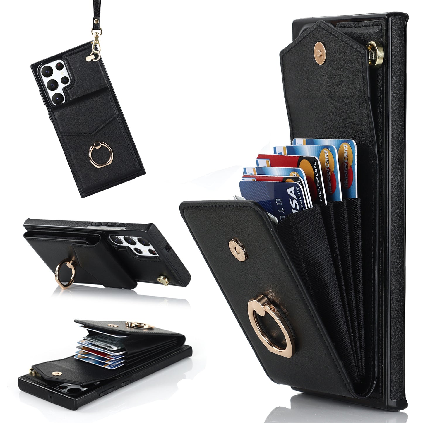For Samsung Galaxy S24 Ultra Cell Phone Case PU Leather+TPU Back Cover with Accordion Card Bag - Black
