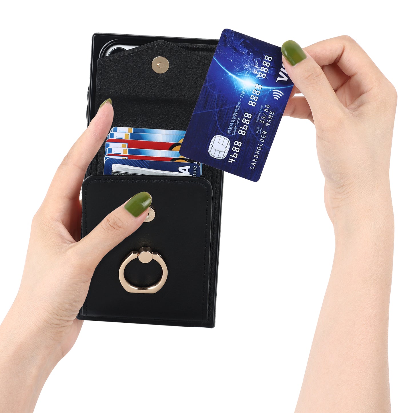 For Samsung Galaxy S24 Ultra Cell Phone Case PU Leather+TPU Back Cover with Accordion Card Bag - Black