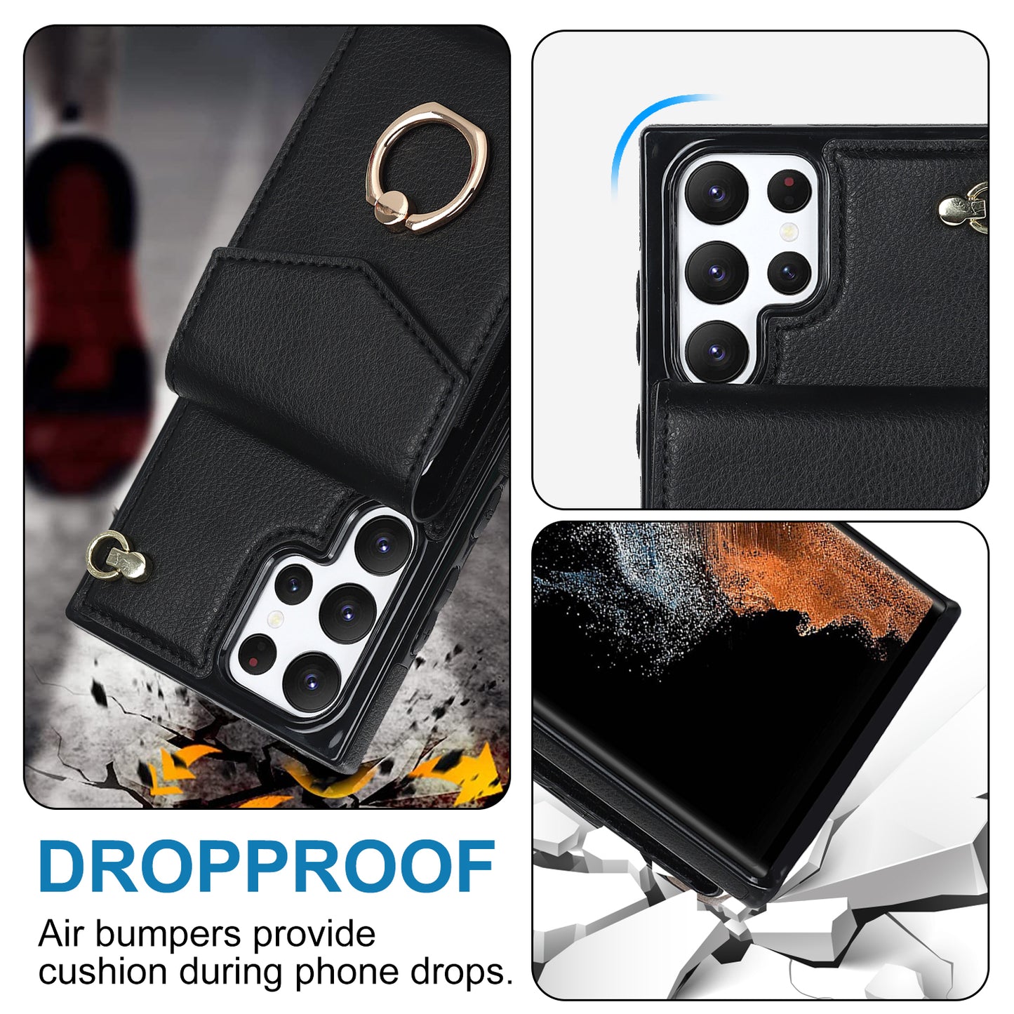 For Samsung Galaxy S24 Ultra Cell Phone Case PU Leather+TPU Back Cover with Accordion Card Bag - Black
