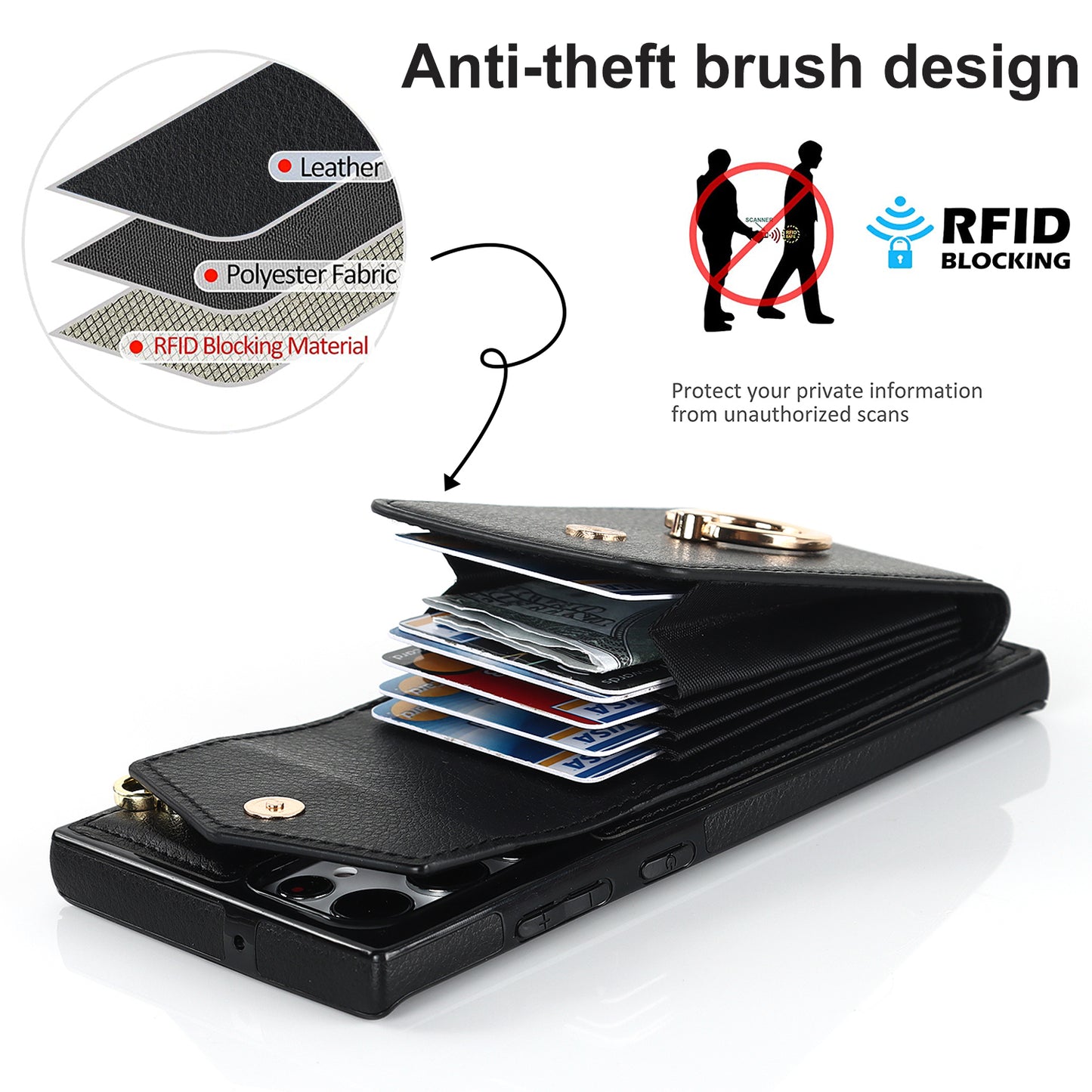 For Samsung Galaxy S24 Ultra Cell Phone Case PU Leather+TPU Back Cover with Accordion Card Bag - Black