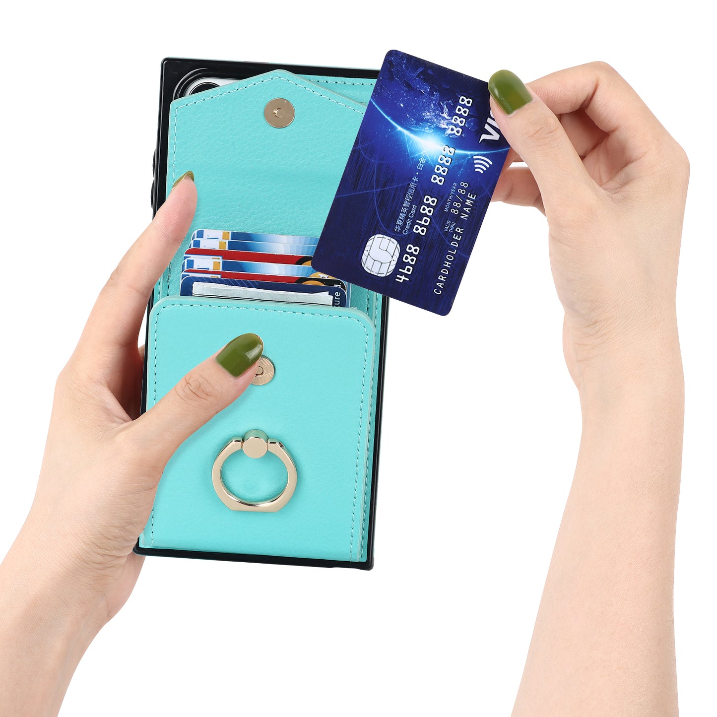 For Samsung Galaxy S24 Ultra Cell Phone Case PU Leather+TPU Back Cover with Accordion Card Bag - Mint Green
