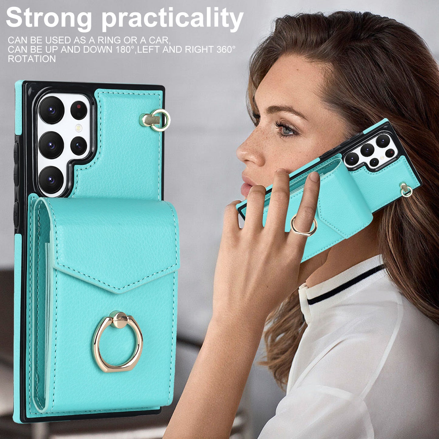 For Samsung Galaxy S24 Ultra Cell Phone Case PU Leather+TPU Back Cover with Accordion Card Bag - Mint Green