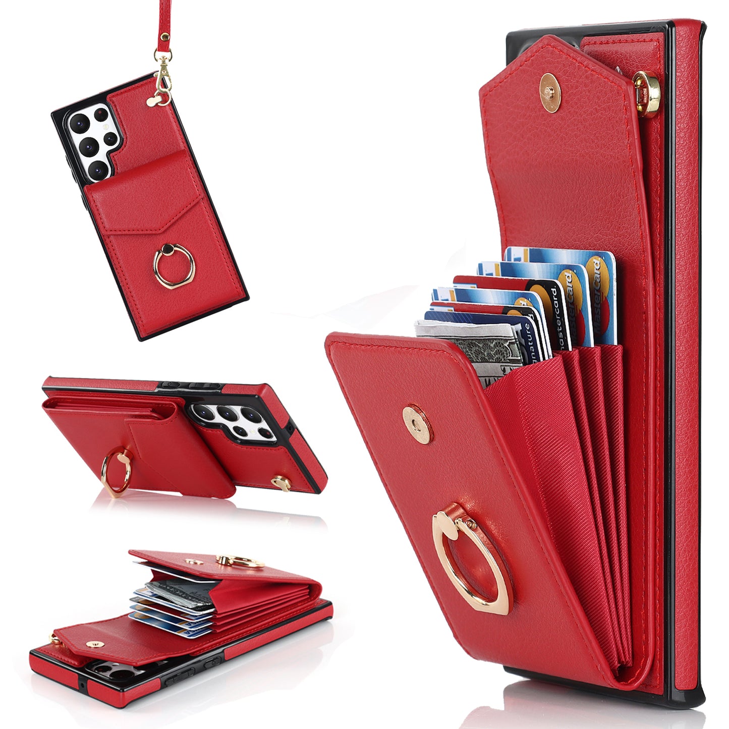 For Samsung Galaxy S24 Ultra Cell Phone Case PU Leather+TPU Back Cover with Accordion Card Bag - Red