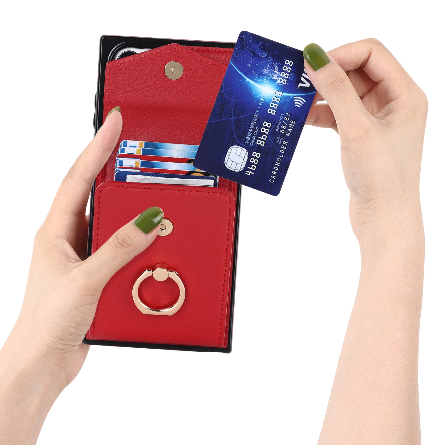 For Samsung Galaxy S24 Ultra Cell Phone Case PU Leather+TPU Back Cover with Accordion Card Bag - Red