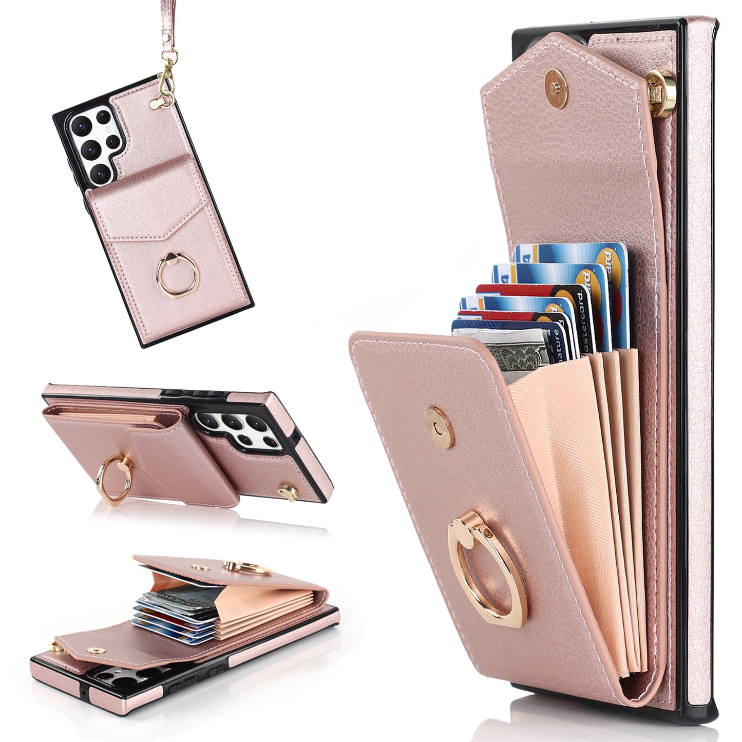 For Samsung Galaxy S24 Ultra Cell Phone Case PU Leather+TPU Back Cover with Accordion Card Bag - Rose Gold