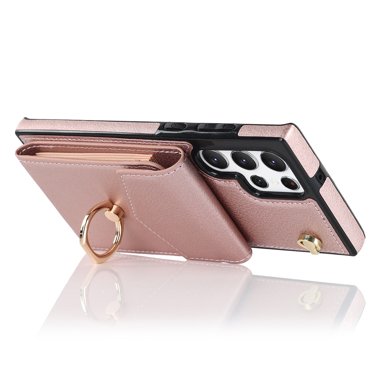 For Samsung Galaxy S24 Ultra Cell Phone Case PU Leather+TPU Back Cover with Accordion Card Bag - Rose Gold