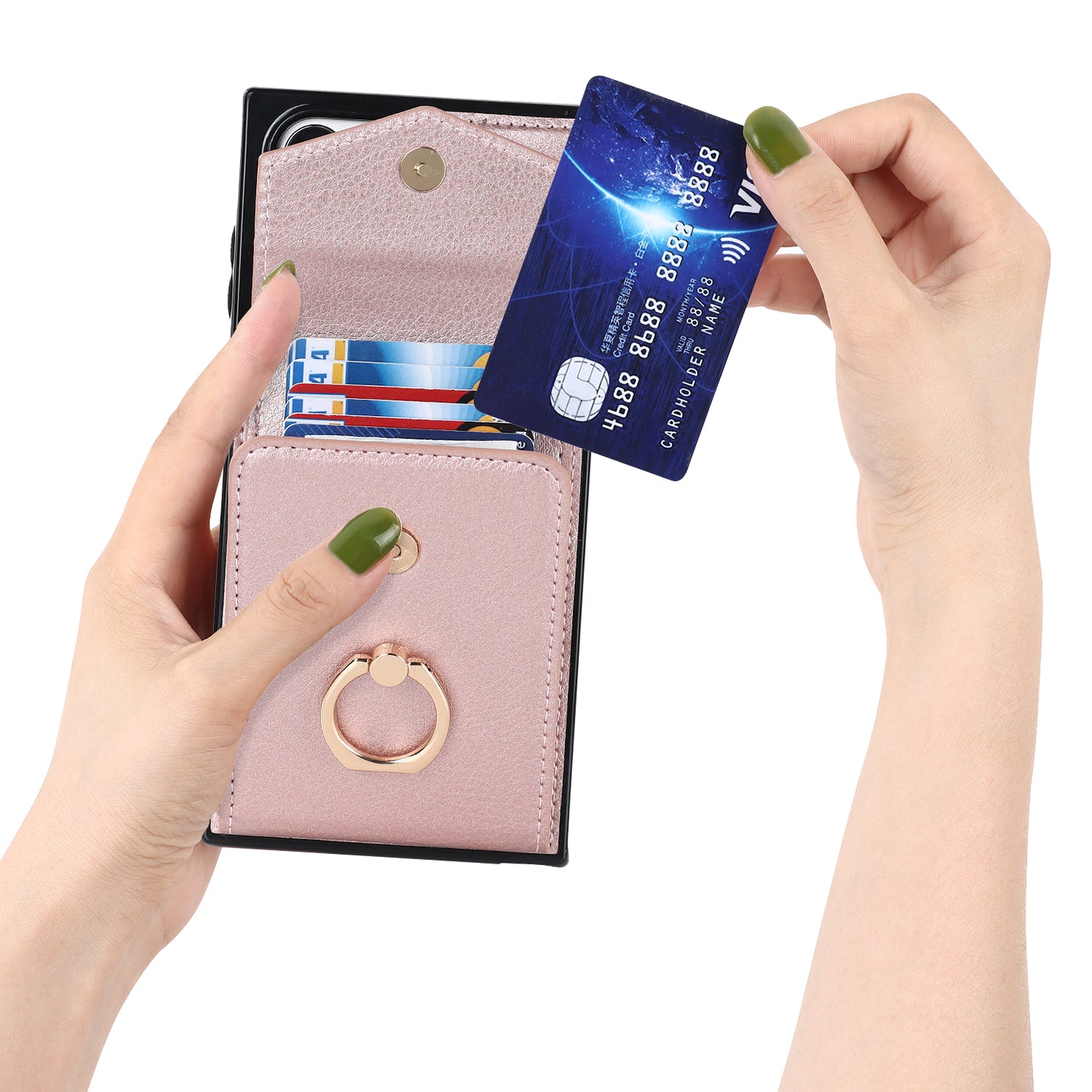 For Samsung Galaxy S24 Ultra Cell Phone Case PU Leather+TPU Back Cover with Accordion Card Bag - Rose Gold