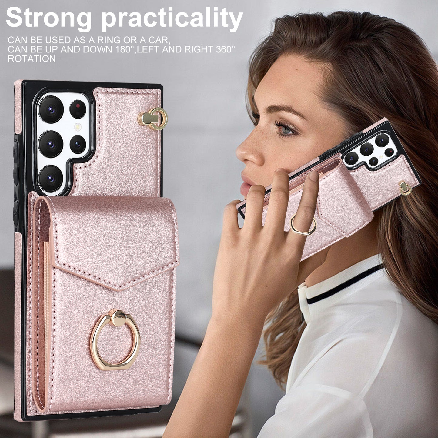 For Samsung Galaxy S24 Ultra Cell Phone Case PU Leather+TPU Back Cover with Accordion Card Bag - Rose Gold