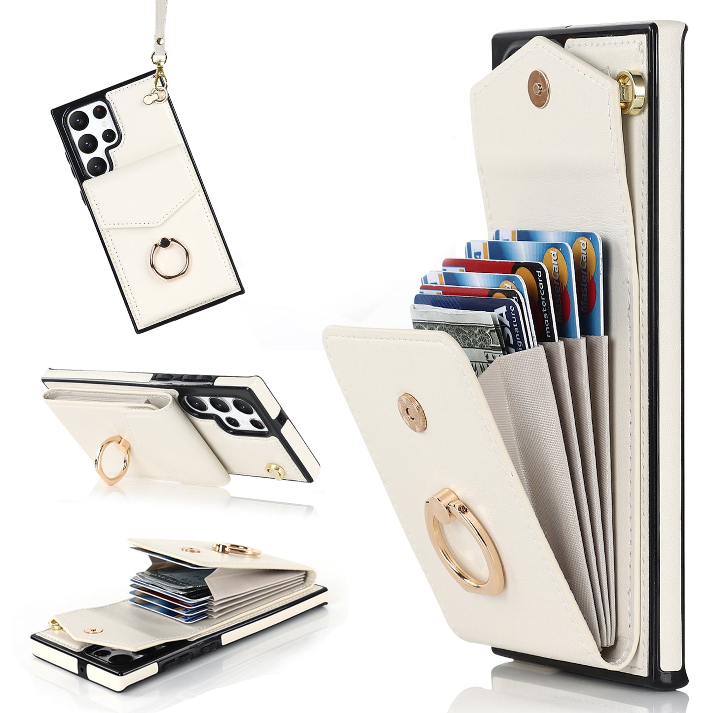 For Samsung Galaxy S24 Ultra Cell Phone Case PU Leather+TPU Back Cover with Accordion Card Bag - Beige