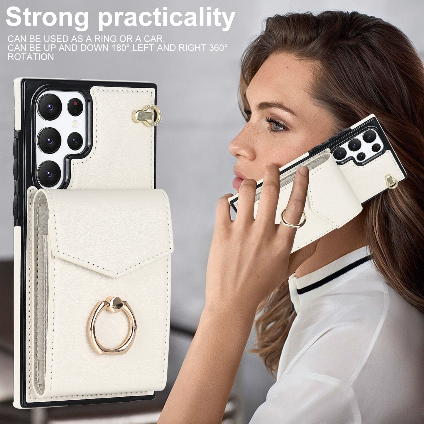 For Samsung Galaxy S24 Ultra Cell Phone Case PU Leather+TPU Back Cover with Accordion Card Bag - Beige