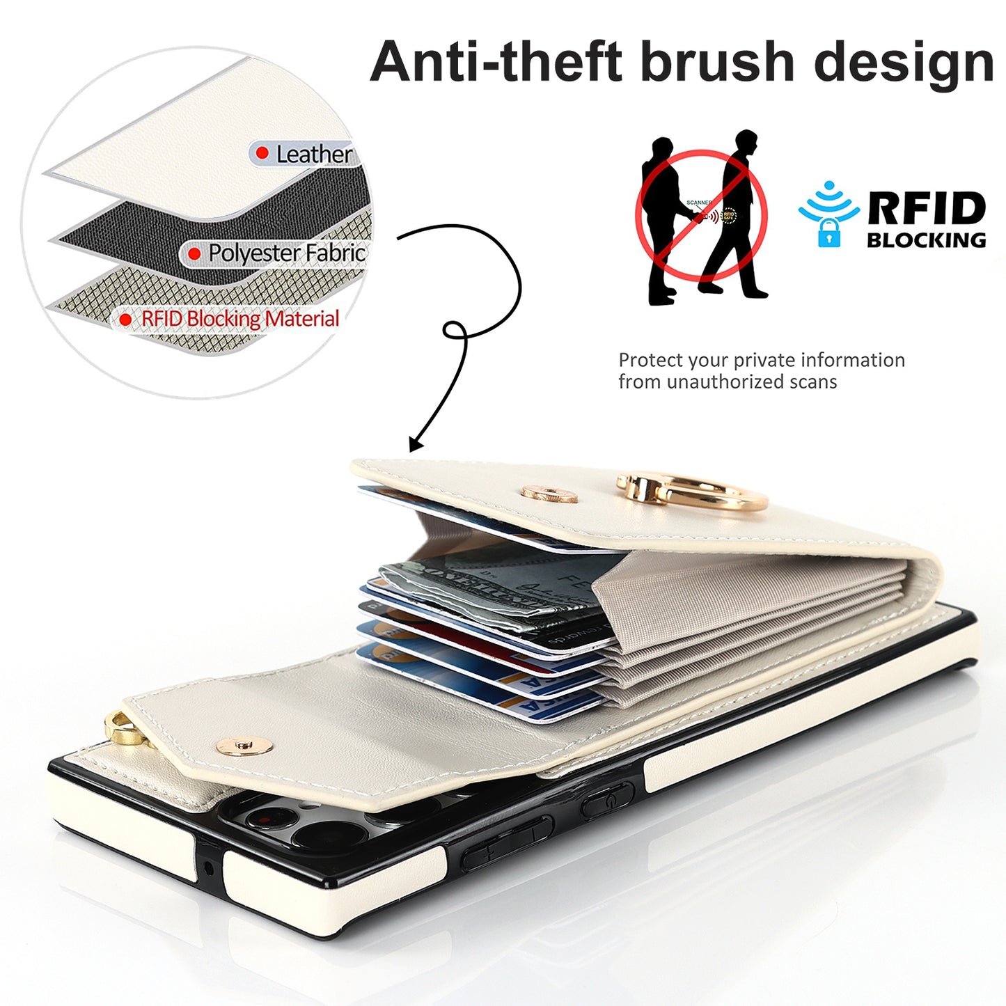 For Samsung Galaxy S24 Ultra Cell Phone Case PU Leather+TPU Back Cover with Accordion Card Bag - Beige