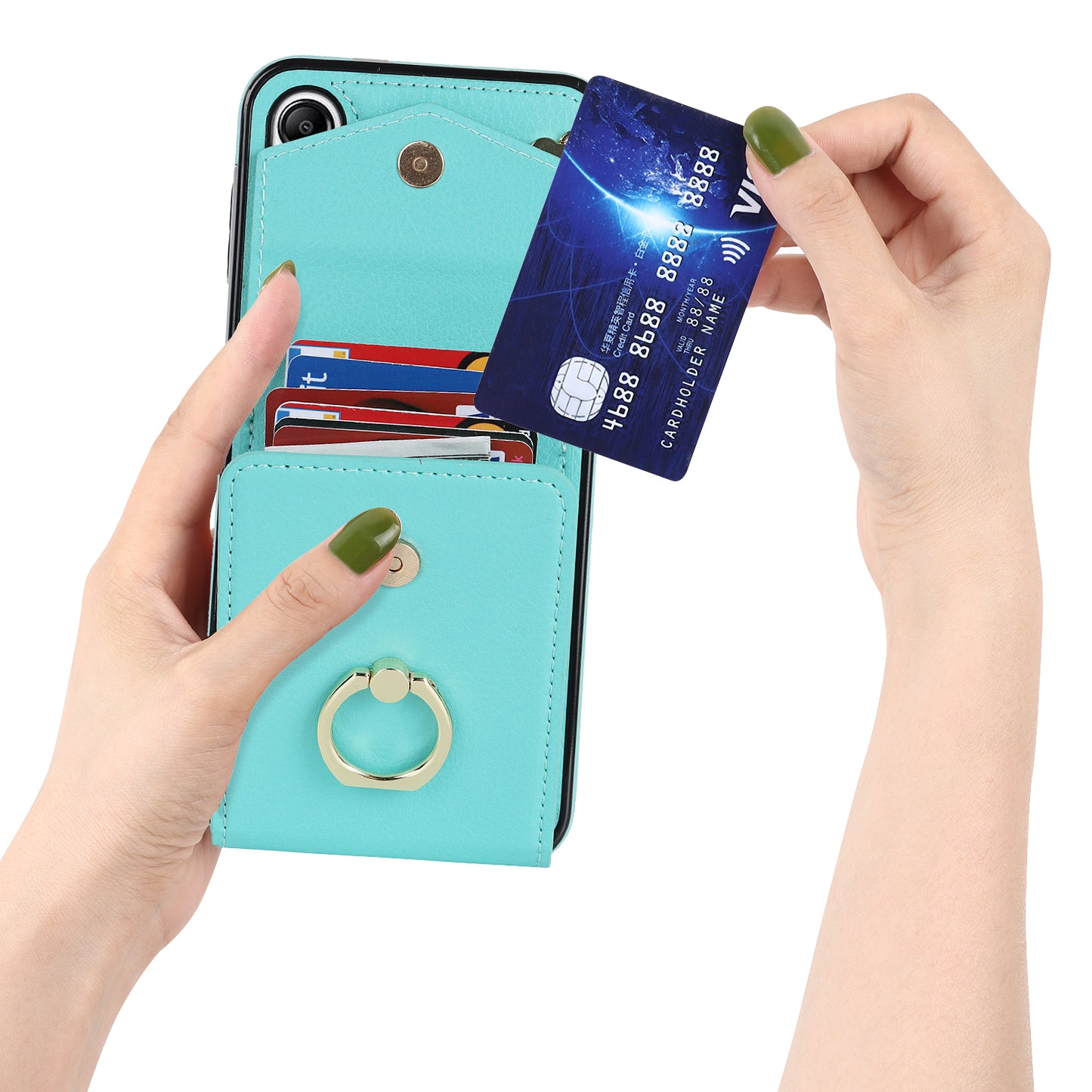 For Samsung Galaxy S24+ Cell Phone Case PU Leather+TPU Shockproof Kickstand Cover with Card Bag - Mint Green