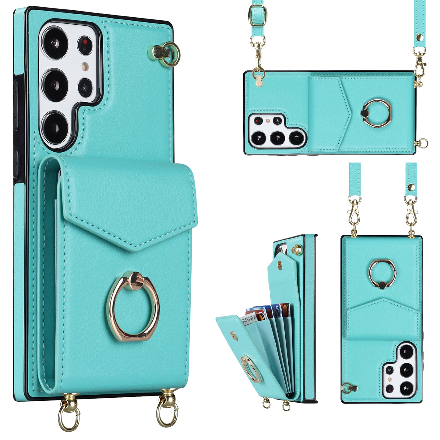 For Samsung Galaxy S24 Ultra Cell Phone Case Accordion Card Bag Ring Kickstand Back Cover - Mint Green