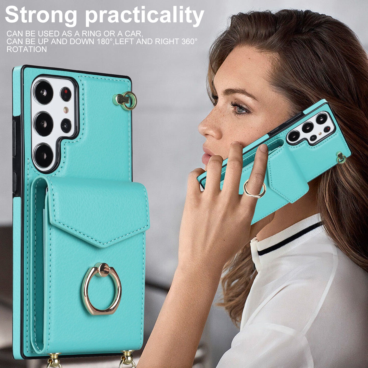 For Samsung Galaxy S24 Ultra Cell Phone Case Accordion Card Bag Ring Kickstand Back Cover - Mint Green