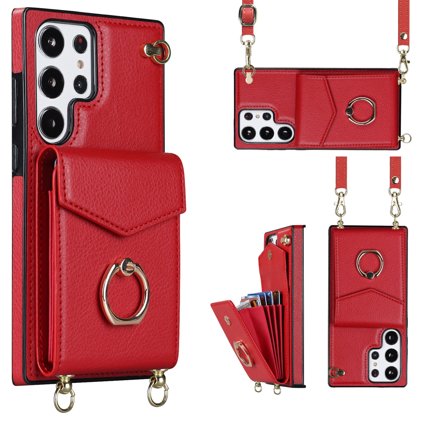 For Samsung Galaxy S24 Ultra Cell Phone Case Accordion Card Bag Ring Kickstand Back Cover - Red