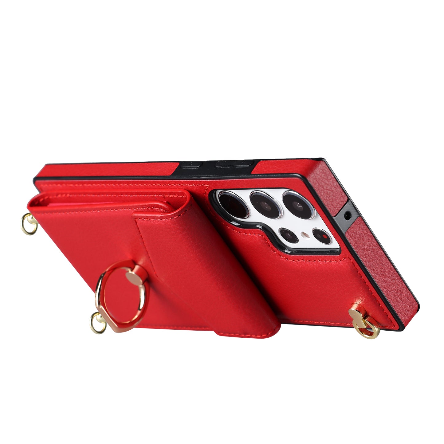 For Samsung Galaxy S24 Ultra Cell Phone Case Accordion Card Bag Ring Kickstand Back Cover - Red
