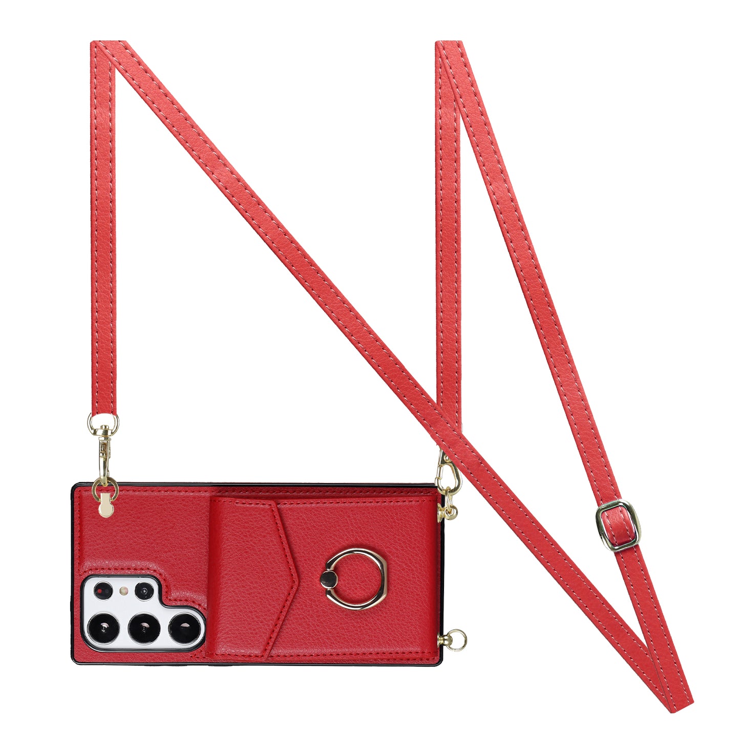 For Samsung Galaxy S24 Ultra Cell Phone Case Accordion Card Bag Ring Kickstand Back Cover - Red