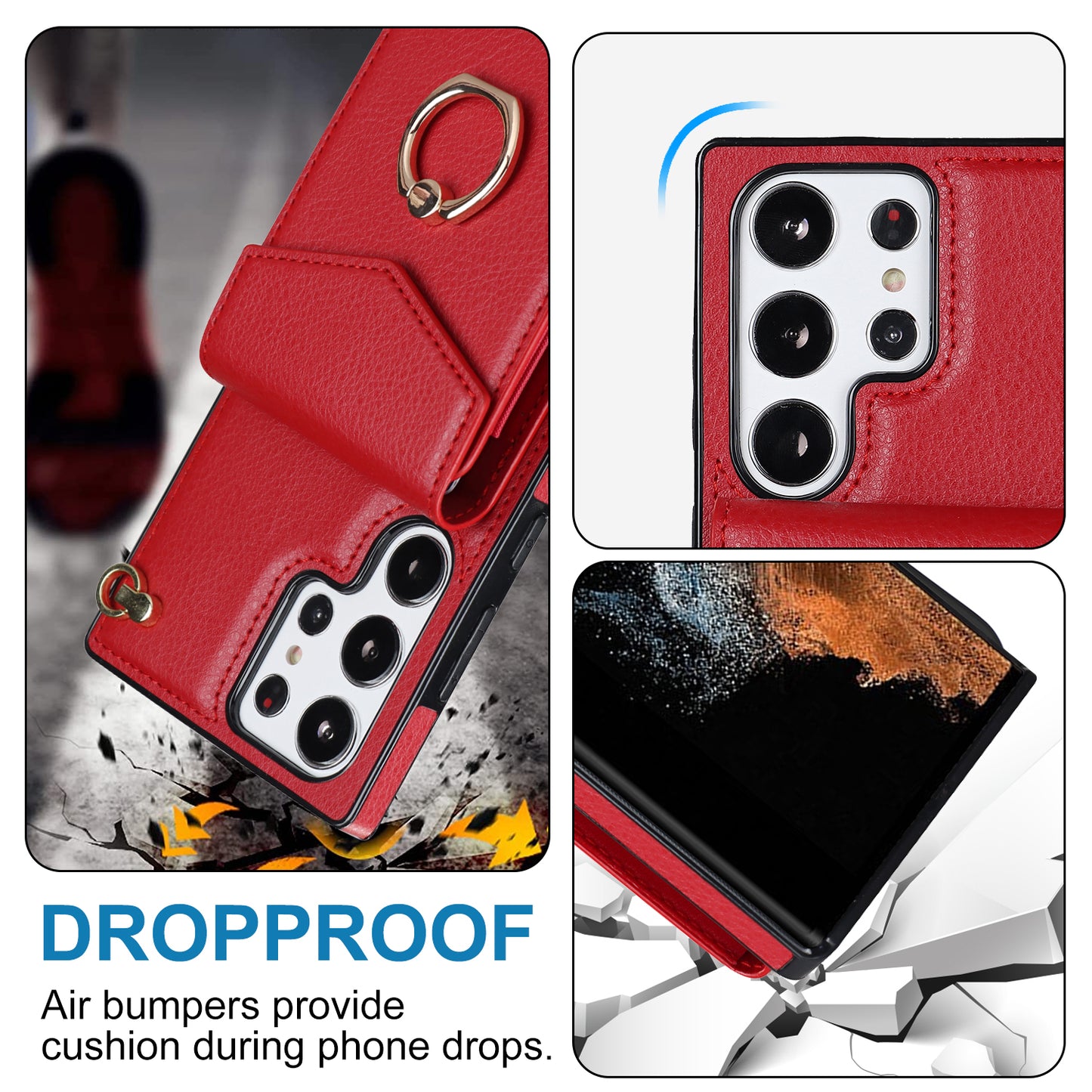 For Samsung Galaxy S24 Ultra Cell Phone Case Accordion Card Bag Ring Kickstand Back Cover - Red